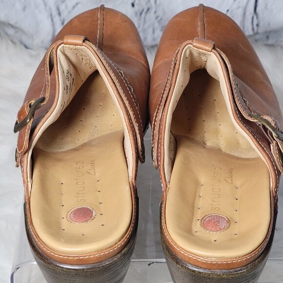 CLARKS Unstructured Womens 10 Tan Leather Slip On Comfort Clogs Mules Boho Comfy - Picture 9 of 13